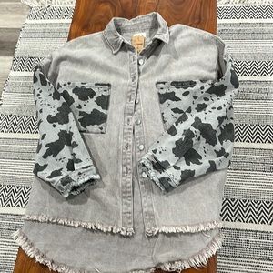 Denim cow print oversized button up